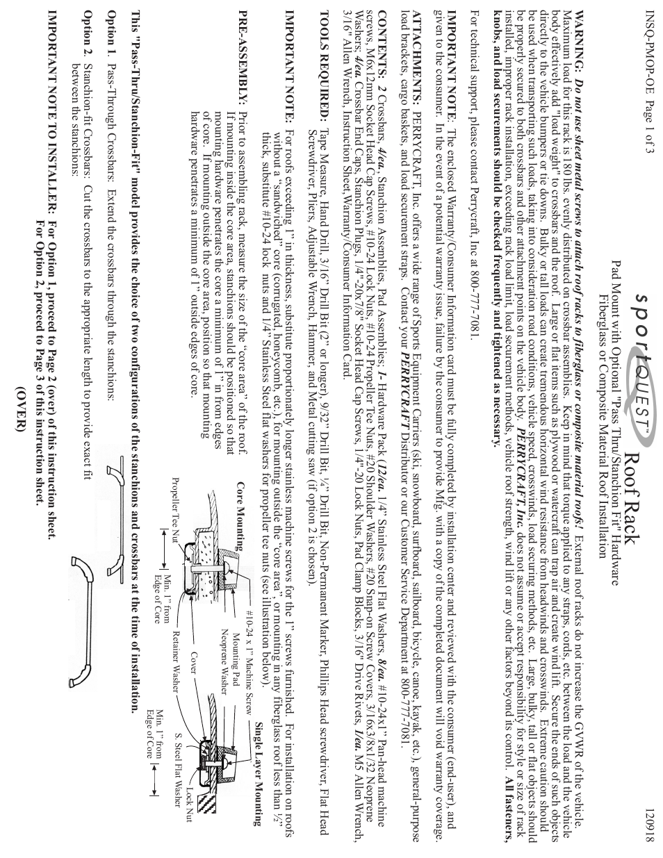 Perrycraft SportQuest Pad Mount - Fiberglass User Manual | 3 pages