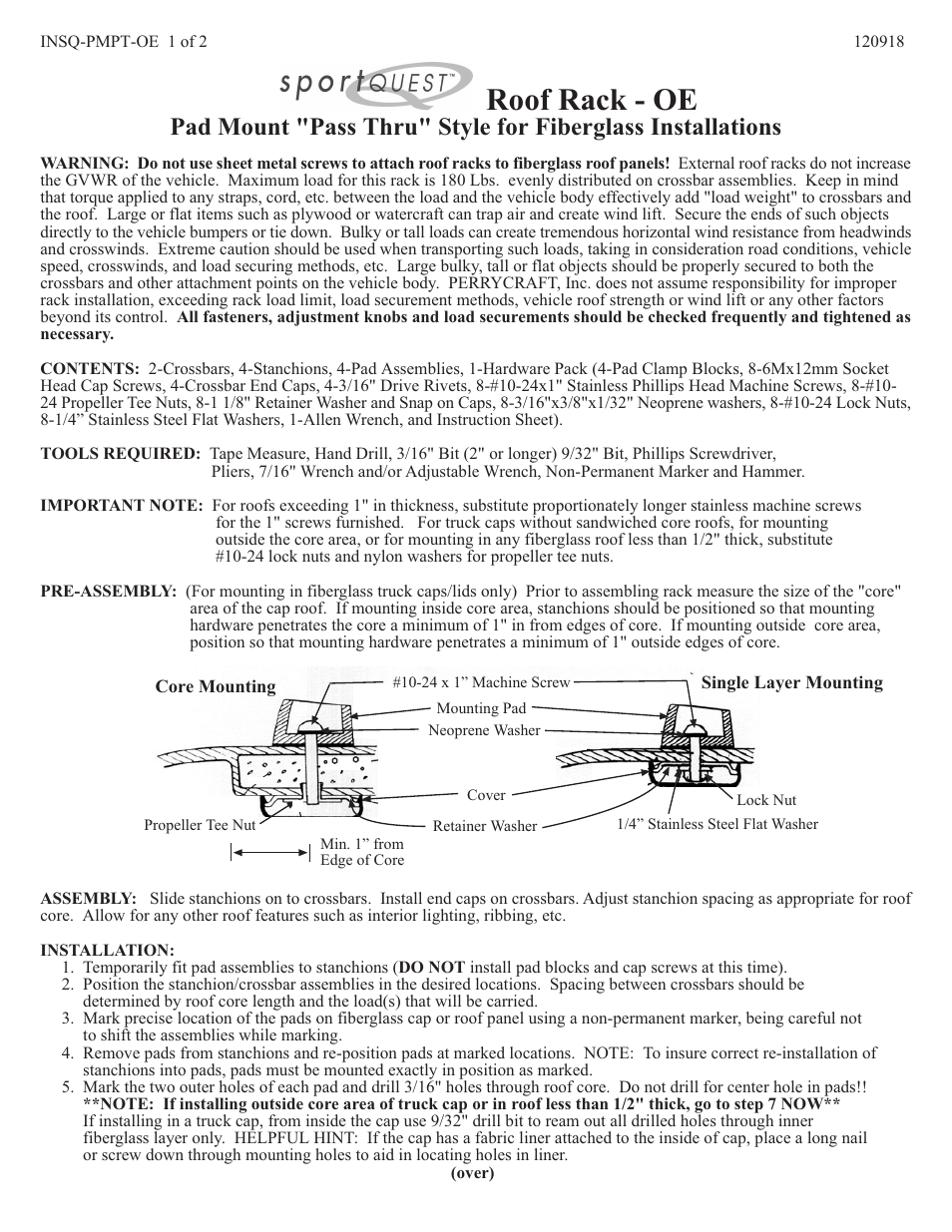 Perrycraft SportQuest Pad Mount - PassThruXB Only-Fiberglass User Manual | 2 pages