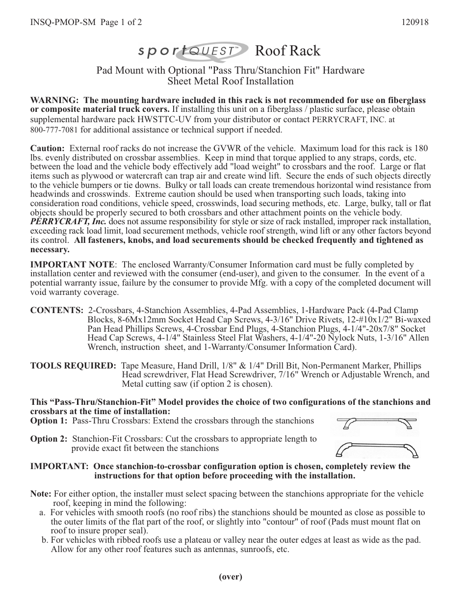 Perrycraft SportQuest Pad Mount - Sheet Metal User Manual | 2 pages