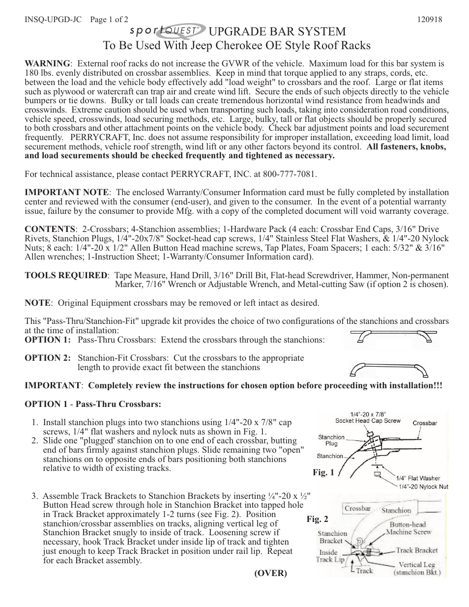 Perrycraft SportQuest Upgrade - Cherokee Track Style User Manual | 2 pages