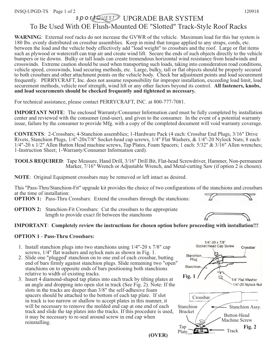 Perrycraft SportQuest Upgrade - Flush Mount Slotted Track User Manual | 2 pages