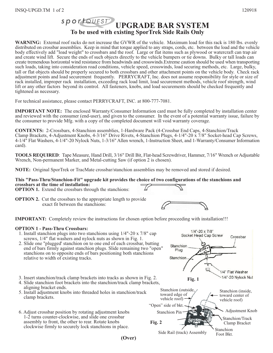 Perrycraft SportQuest Upgrade - TM or ST Style Track User Manual | 2 pages