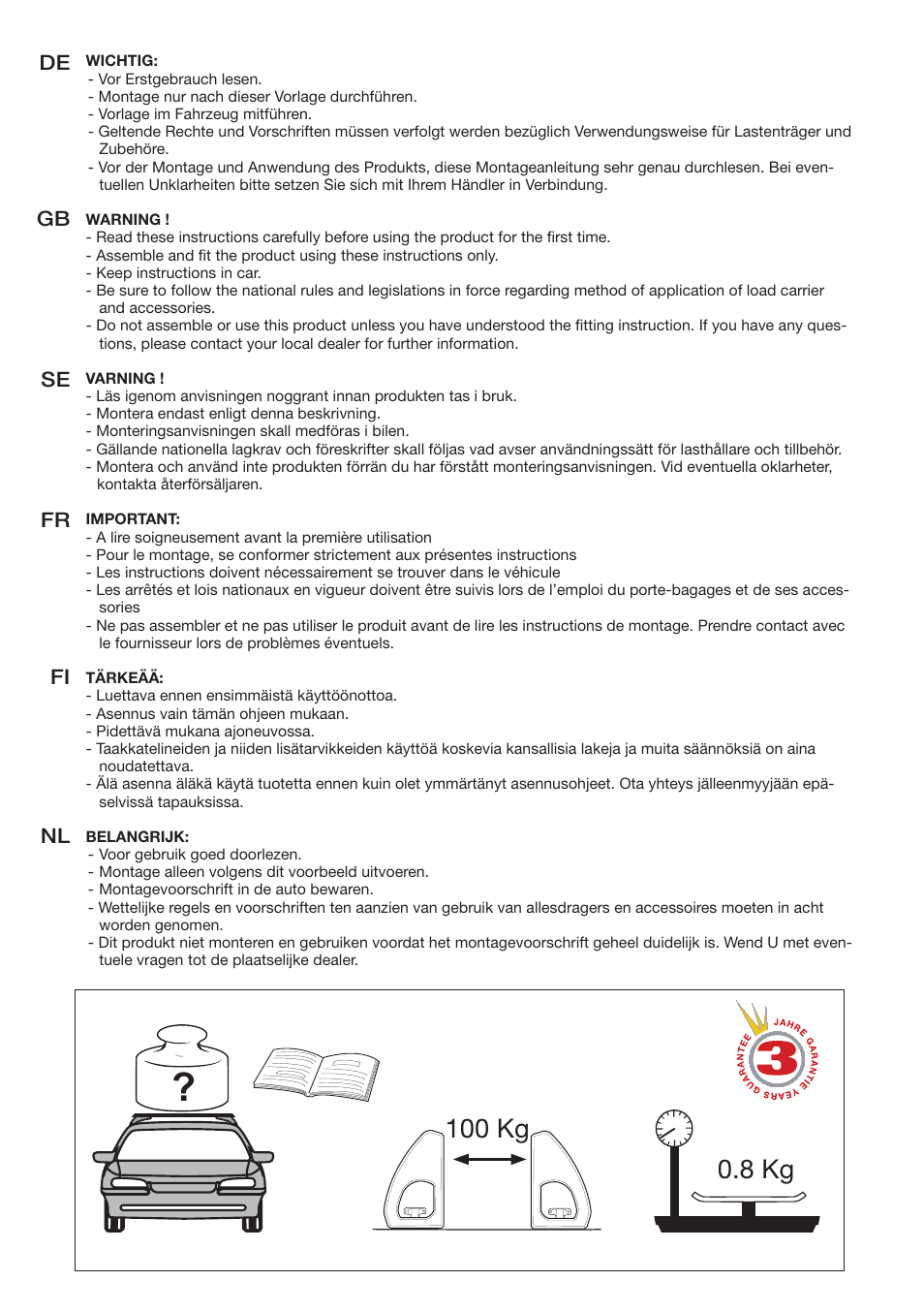 8 kg, 100 kg, De gb se fr fi | Perrycraft MB Odin Load Supports User Manual | Page 2 / 12
