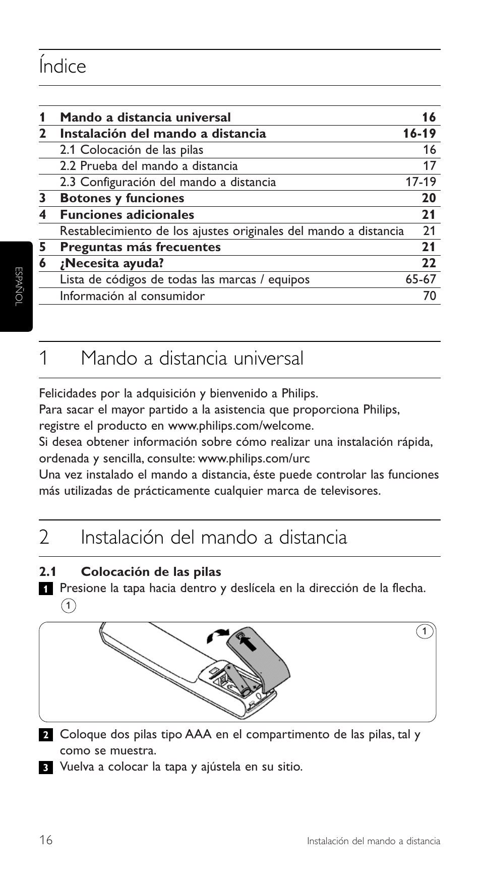 Índice, 1mando a distancia universal, 2instalación del mando a distancia | Philips SRU5110 User Manual | Page 16 / 73