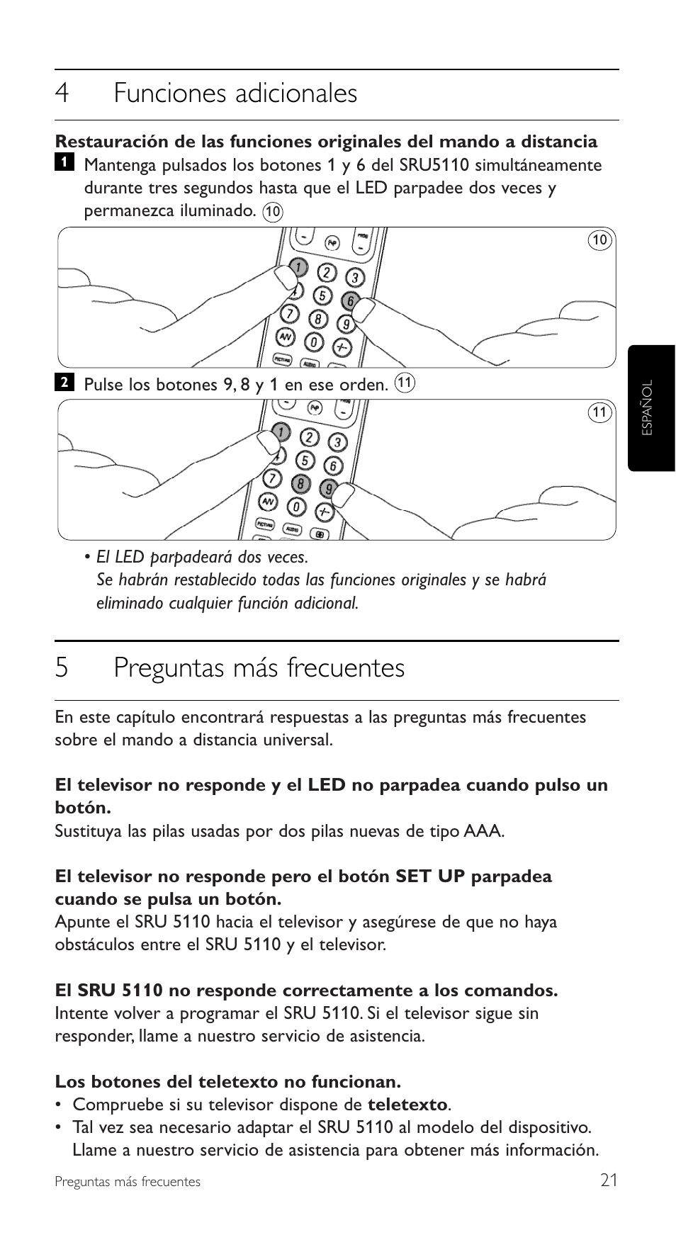 4funciones adicionales, 5preguntas más frecuentes | Philips SRU5110 User Manual | Page 21 / 73