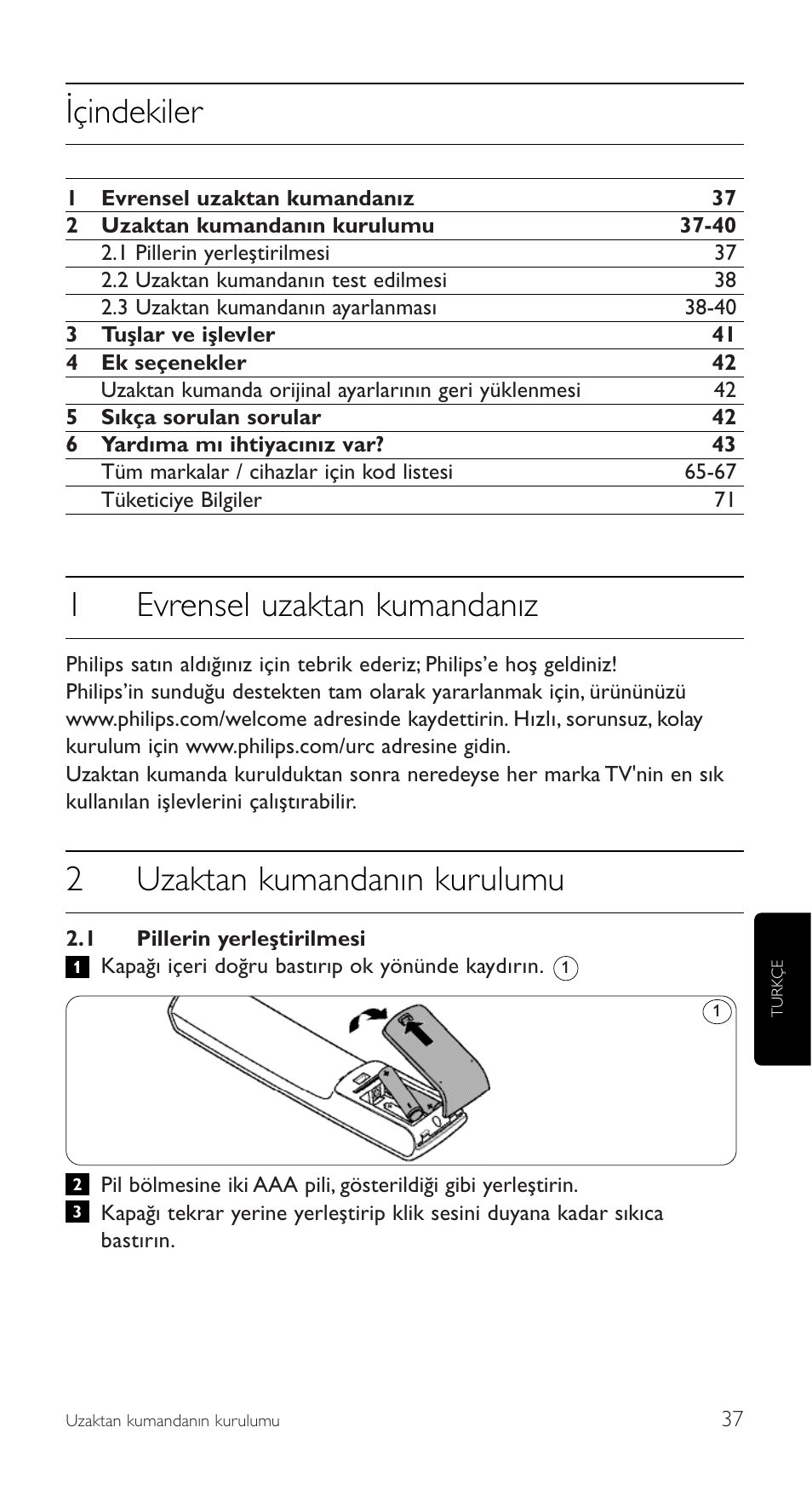 Içindekiler, 1evrensel uzaktan kumandanız, 2uzaktan kumandanın kurulumu | Philips SRU5110 User Manual | Page 37 / 73