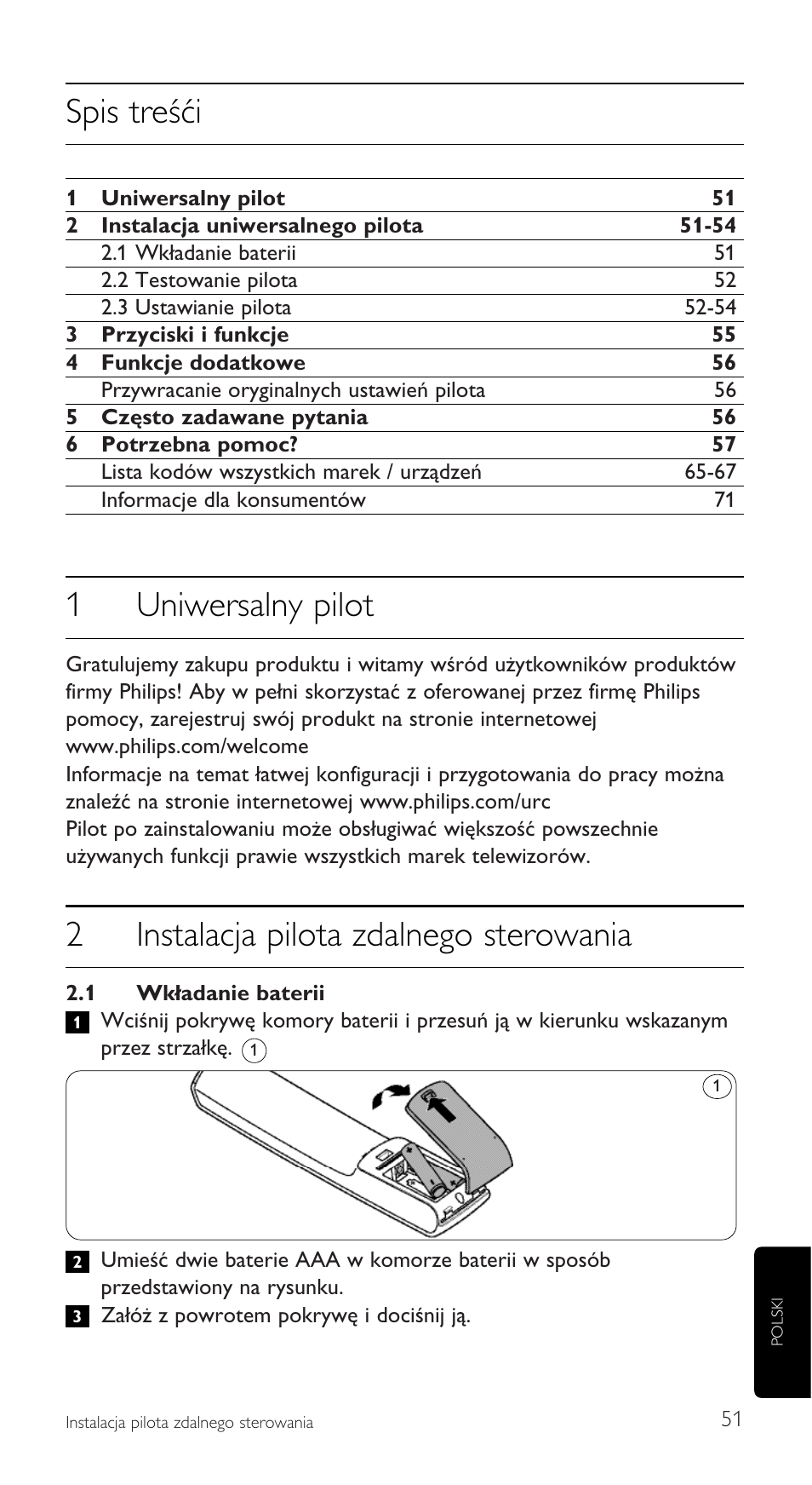 Spis treśći, 1uniwersalny pilot, 2instalacja pilota zdalnego sterowania | Philips SRU5110 User Manual | Page 51 / 73