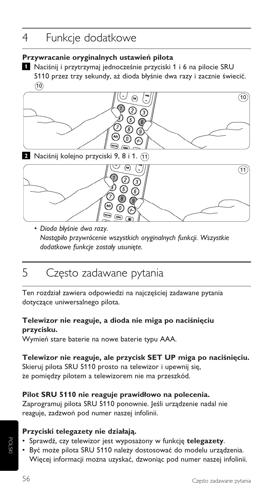 4funkcje dodatkowe, 5często zadawane pytania | Philips SRU5110 User Manual | Page 56 / 73