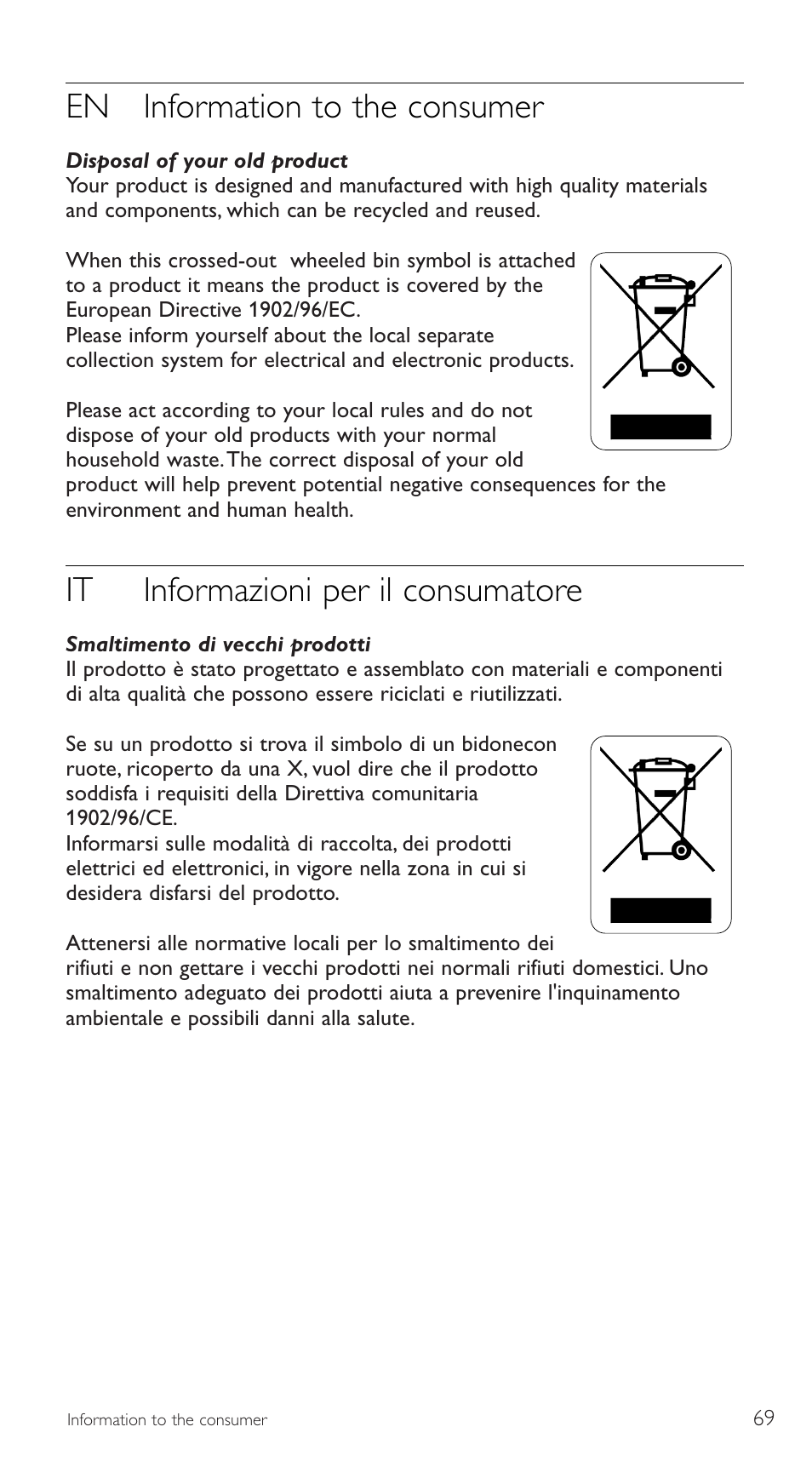 En information to the consumer, It informazioni per il consumatore | Philips SRU5110 User Manual | Page 69 / 73