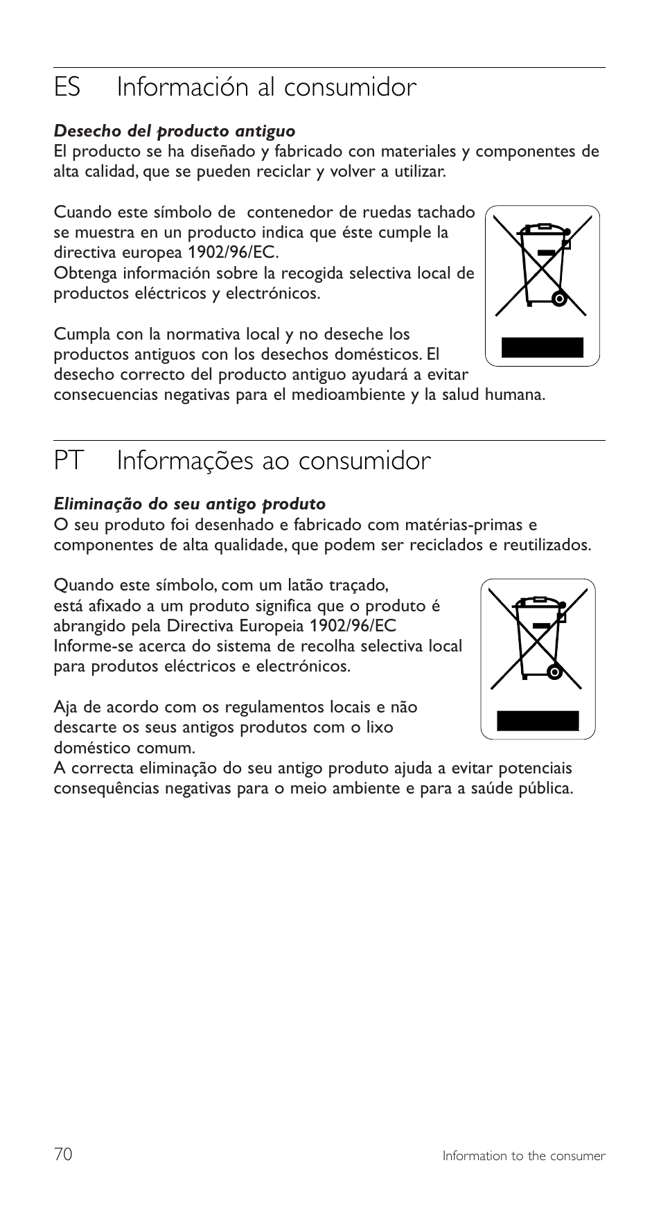 Es información al consumidor, Pt informações ao consumidor | Philips SRU5110 User Manual | Page 70 / 73