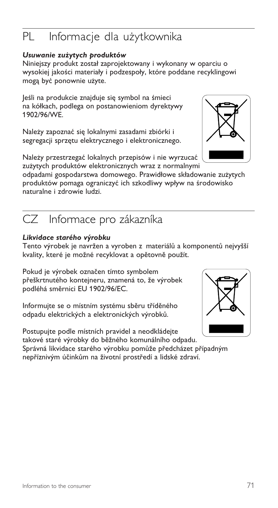 Pl informacje dla użytkownika, Cz informace pro zákazníka | Philips SRU5110 User Manual | Page 71 / 73