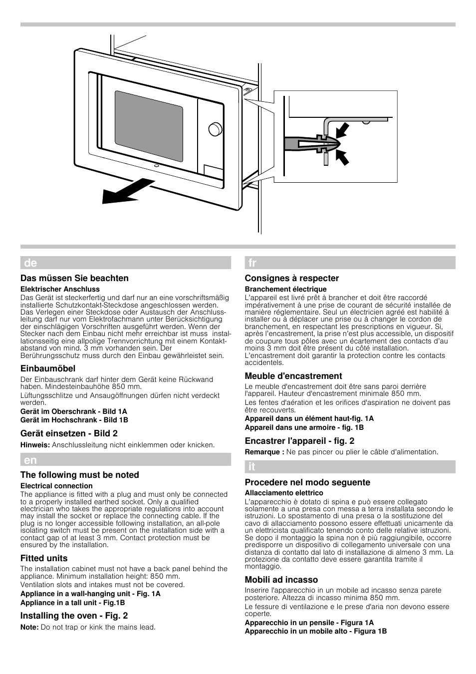 Das müssen sie beachten, Einbaumöbel, Gerät einsetzen - bild 2 | Hinweis, The following must be noted, Fitted units, Installing the oven - fig. 2, Note, Þ notice de montage, Consignes à respecter | Bosch HMT75M651 Edelstahl Mikrowellengerät User Manual | Page 6 / 8