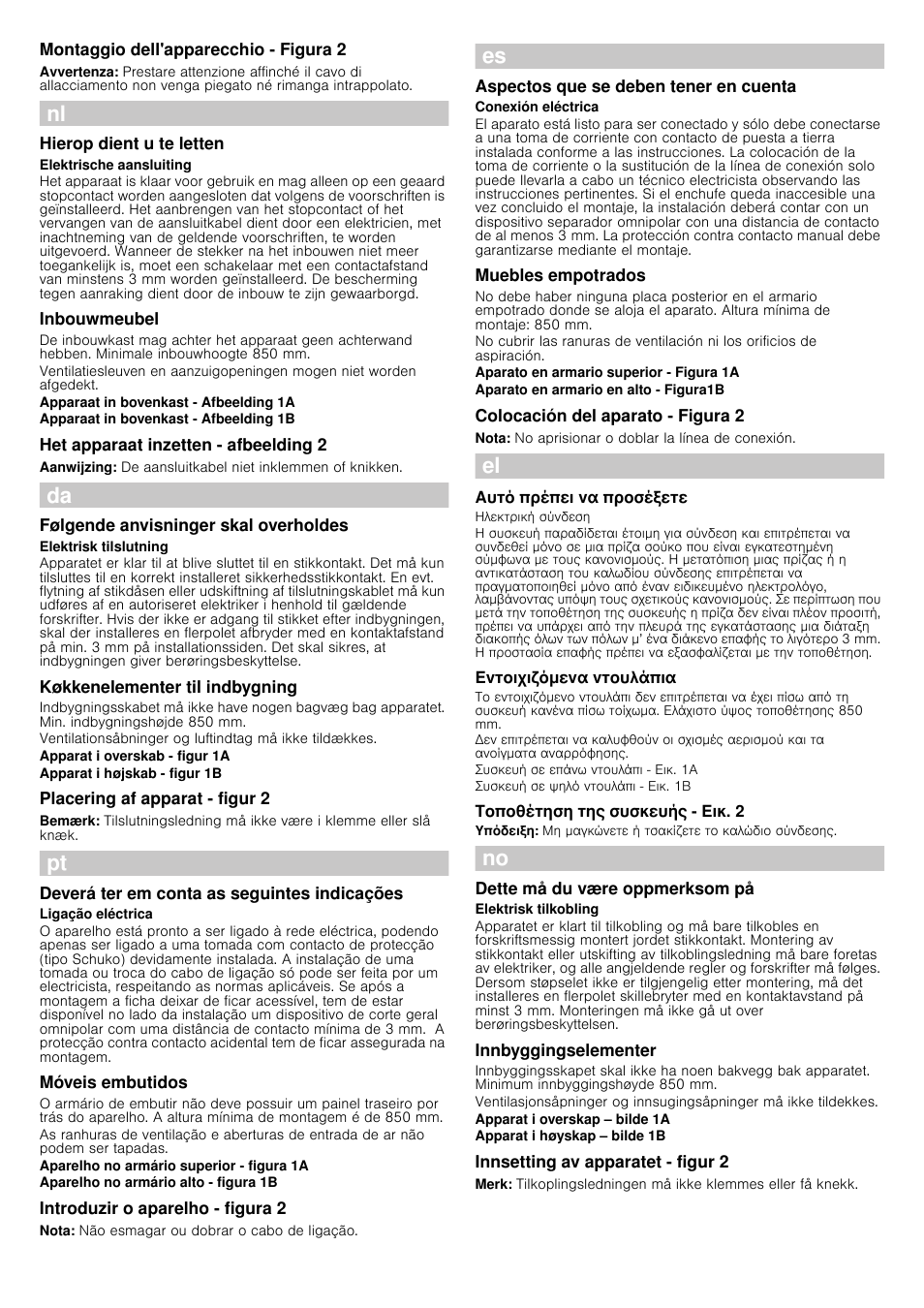Montaggio dell'apparecchio - figura 2, Avvertenza, Hierop dient u te letten | Inbouwmeubel, Het apparaat inzetten - afbeelding 2, Aanwijzing, Følgende anvisninger skal overholdes, Køkkenelementer til indbygning, Placering af apparat - figur 2, Bemærk | Bosch HMT75M651 Edelstahl Mikrowellengerät User Manual | Page 7 / 8