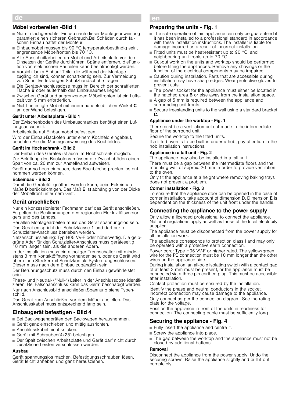 Möbel vorbereiten -bild 1, Gerät anschließen, Einbaugerät befestigen - bild 4 | Preparing the units - fig. 1, Connecting the appliance to the power supply, Securing the appliance ­ fig. 4 | Bosch HBG78B750 Edelstahl Einbaubackofen User Manual | Page 4 / 11