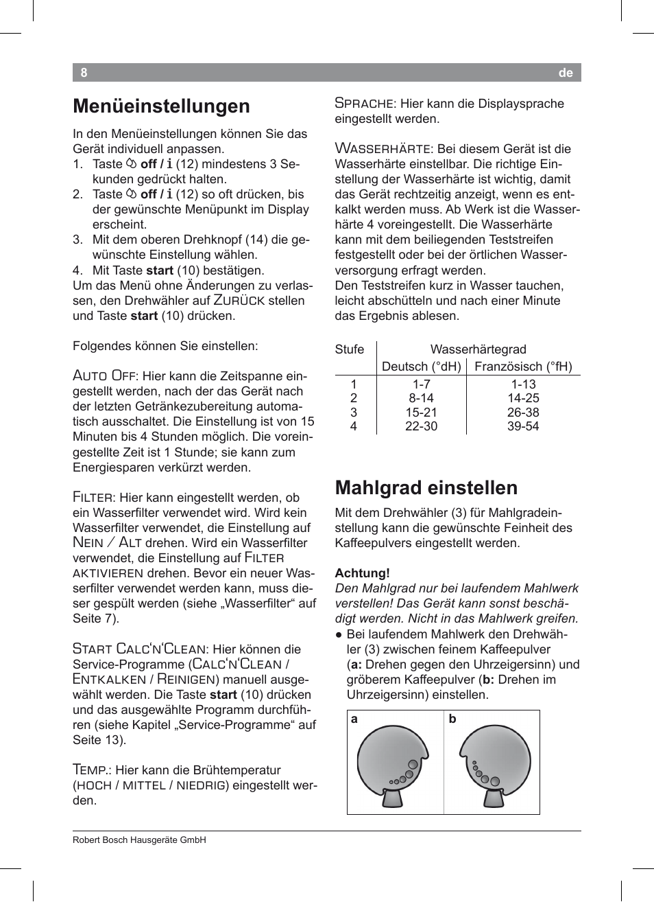 Menüeinstellungen, Mahlgrad einstellen, Zurück | Auto off, Filter, Nein / alt, Filter aktivieren, Start calc‘n‘clean, Calc‘n‘clean, Entkalken | Bosch TES50351DE VeroCafe Latte Kaffeevollautomat Silber Pure Silver User Manual | Page 12 / 88