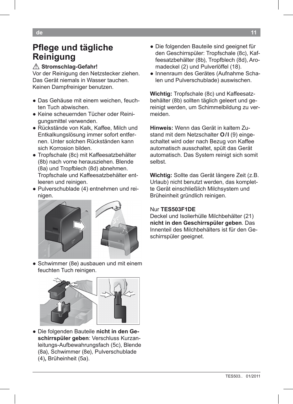 Pﬂ ege und tägliche reinigung | Bosch TES50351DE VeroCafe Latte Kaffeevollautomat Silber Pure Silver User Manual | Page 15 / 88