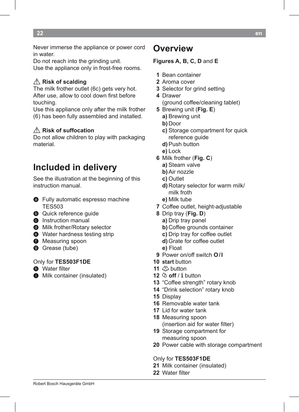 Overview, Included in delivery | Bosch TES50351DE VeroCafe Latte Kaffeevollautomat Silber Pure Silver User Manual | Page 26 / 88