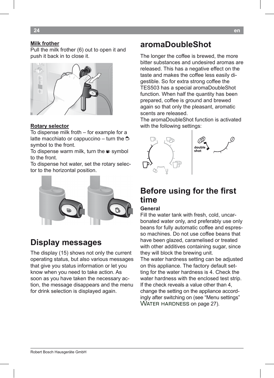 Display messages, Aromadoubleshot, Before using for the i rst time | Water hardness | Bosch TES50351DE VeroCafe Latte Kaffeevollautomat Silber Pure Silver User Manual | Page 28 / 88