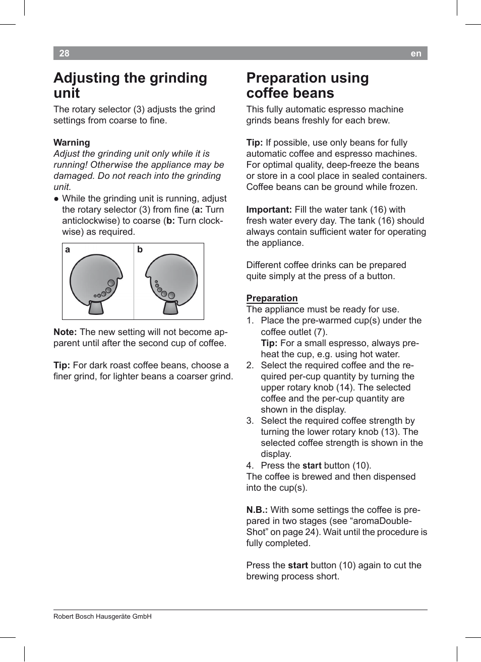 Adjusting the grinding unit, Preparation using coffee beans | Bosch TES50351DE VeroCafe Latte Kaffeevollautomat Silber Pure Silver User Manual | Page 32 / 88