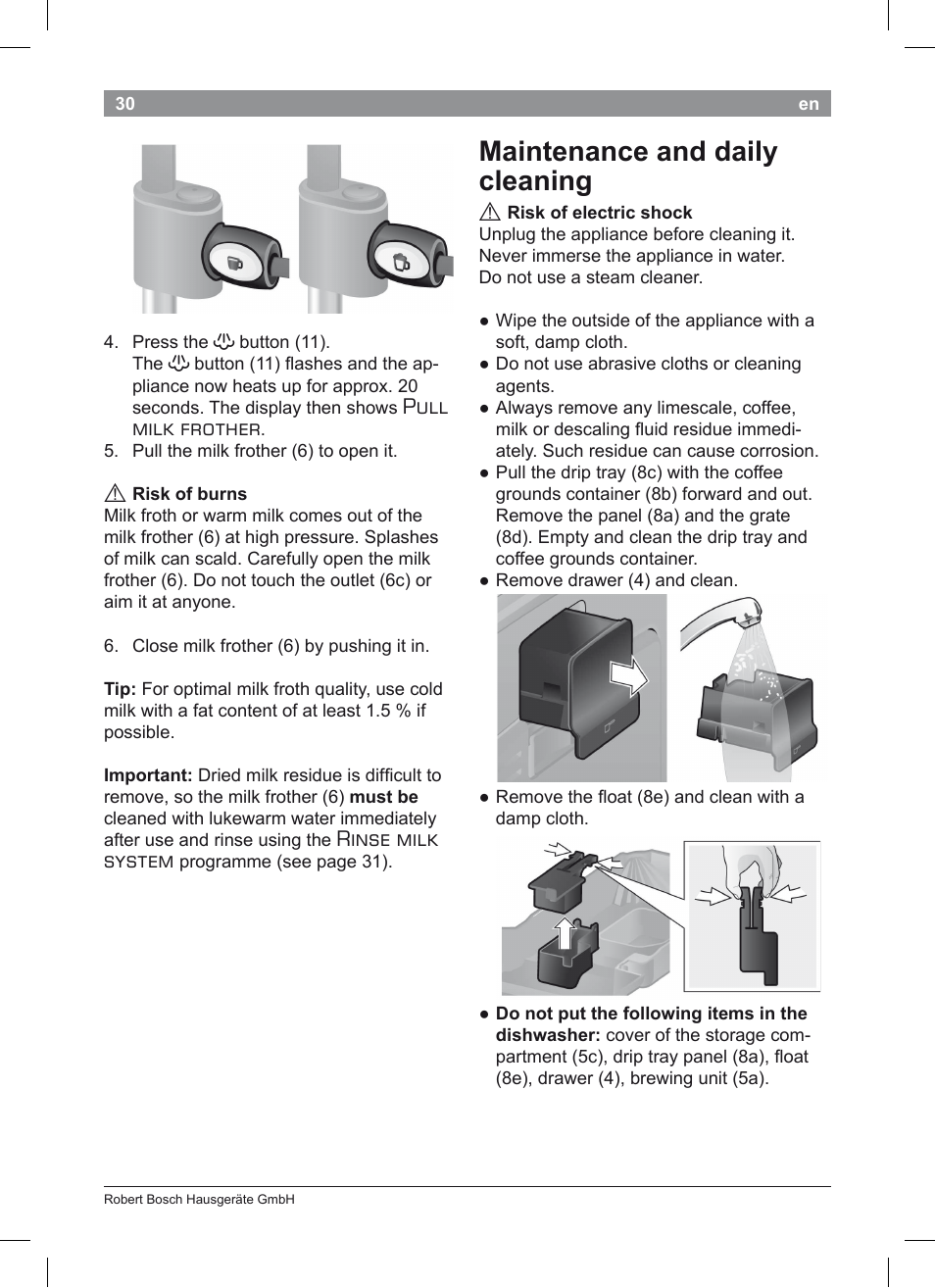 Maintenance and daily cleaning, Pull milk frother, Rinse milk system | Bosch TES50351DE VeroCafe Latte Kaffeevollautomat Silber Pure Silver User Manual | Page 34 / 88