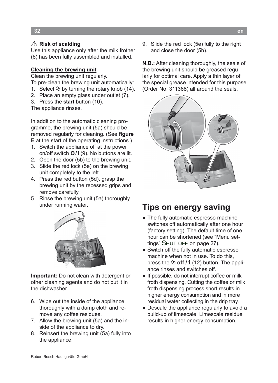 Tips on energy saving, Shut off | Bosch TES50351DE VeroCafe Latte Kaffeevollautomat Silber Pure Silver User Manual | Page 36 / 88