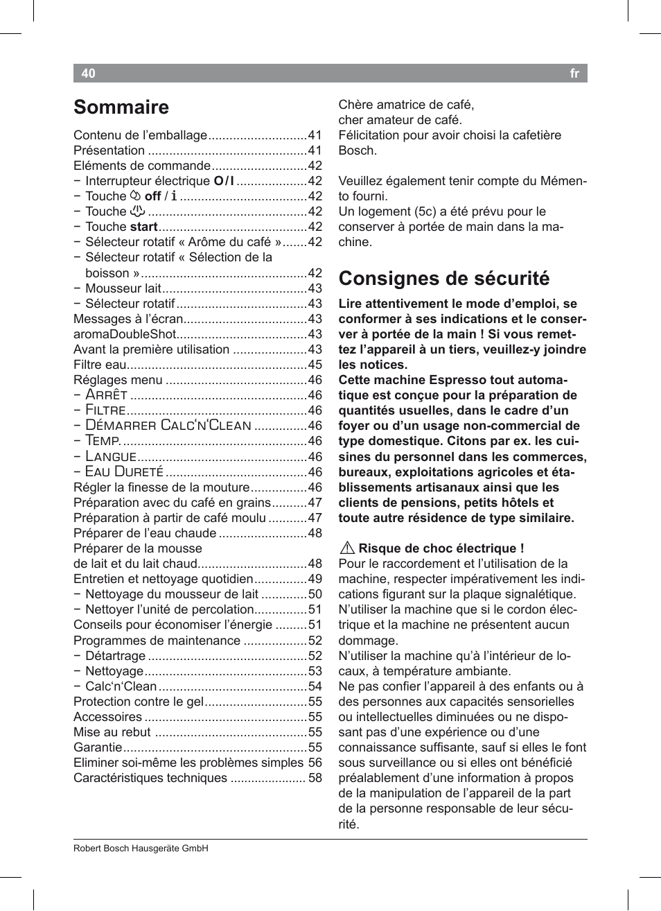 Consignes de sécurité, Sommaire, Arrêt | Filtre, Démarrer calc‘n‘clean, Temp, Langue, Eau dureté | Bosch TES50351DE VeroCafe Latte Kaffeevollautomat Silber Pure Silver User Manual | Page 44 / 88