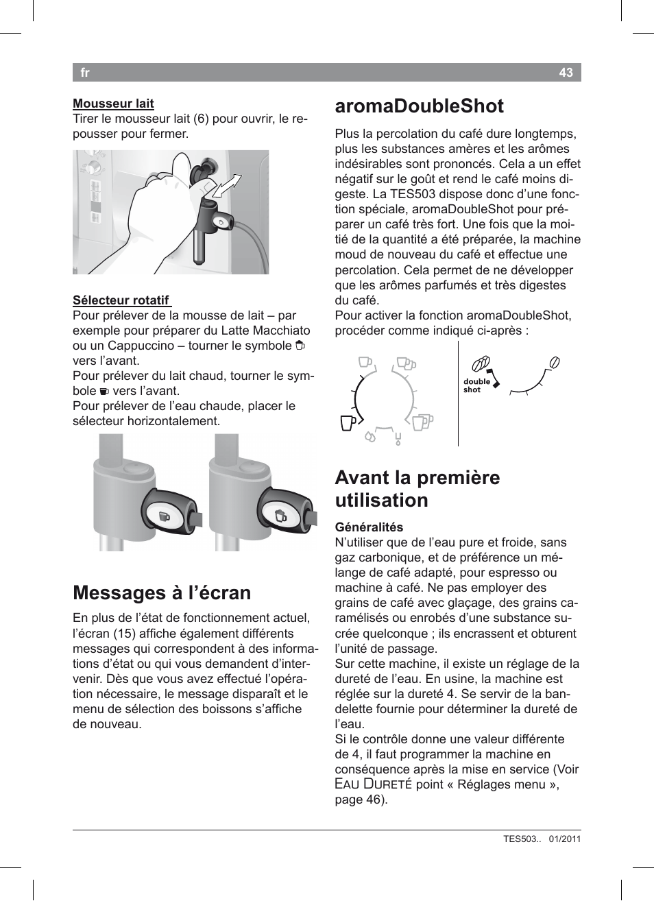 Messages à l’écran, Aromadoubleshot, Avant la première utilisation | Eau dureté | Bosch TES50351DE VeroCafe Latte Kaffeevollautomat Silber Pure Silver User Manual | Page 47 / 88