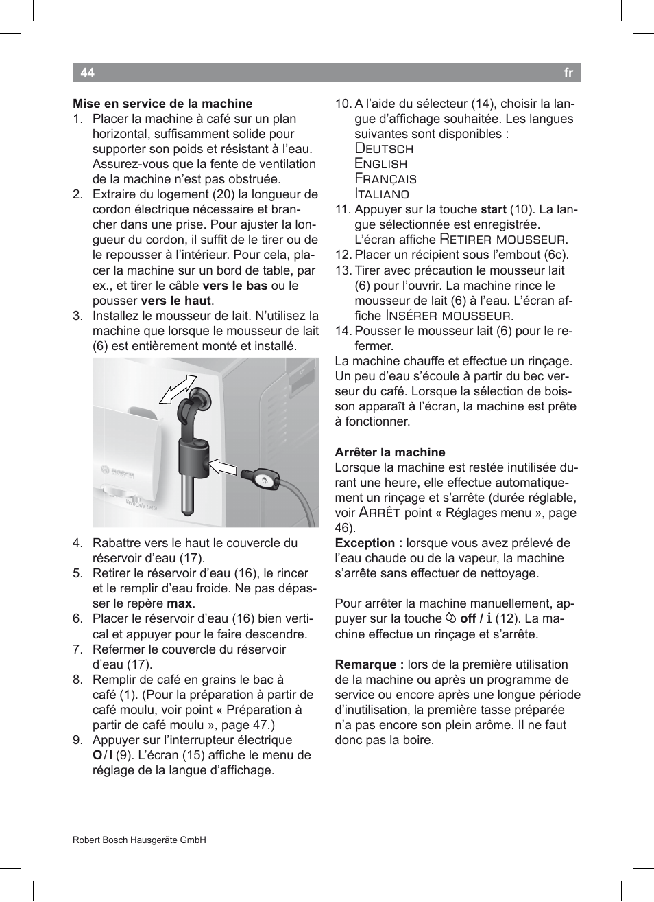 Deutsch english français italiano, Retirer mousseur, Insérer mousseur | Arrêt | Bosch TES50351DE VeroCafe Latte Kaffeevollautomat Silber Pure Silver User Manual | Page 48 / 88