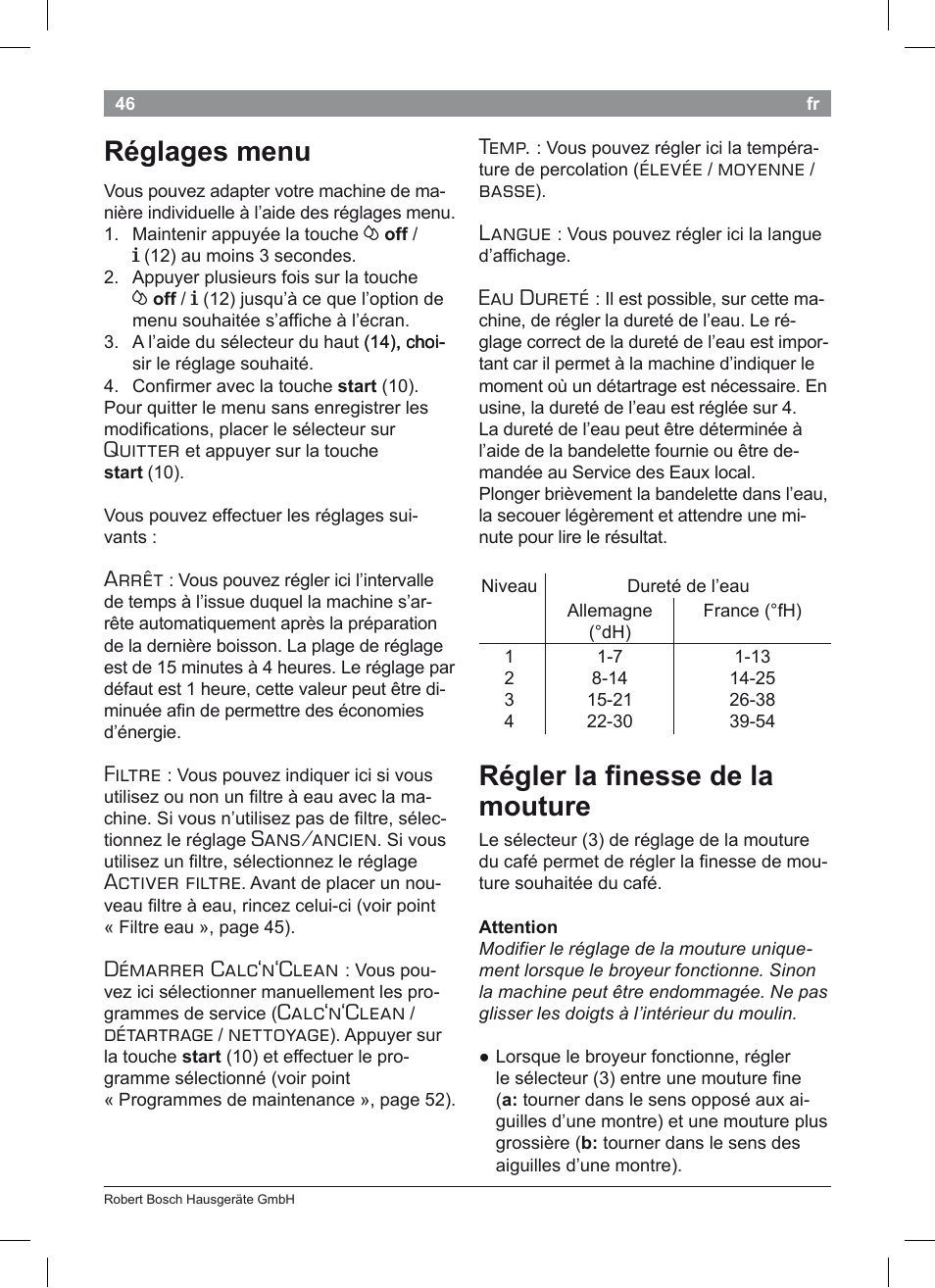 Réglages menu, Régler la inesse de la mouture, Quitter | Arrêt, Filtre, Sans/ancien, Activer filtre, Démarrer calc‘n‘clean, Calc‘n‘clean, Détartrage | Bosch TES50351DE VeroCafe Latte Kaffeevollautomat Silber Pure Silver User Manual | Page 50 / 88