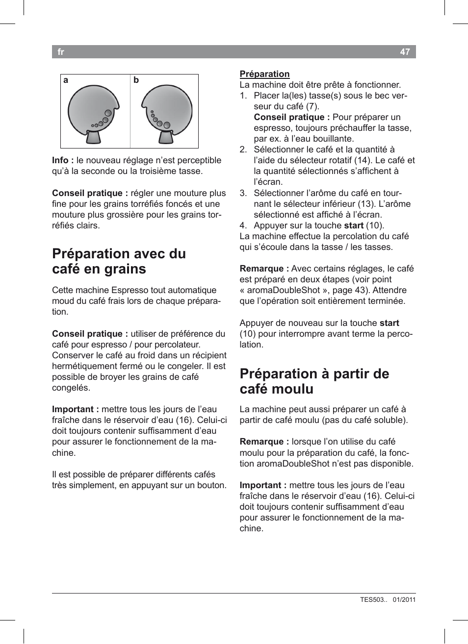 Préparation avec du café en grains, Préparation à partir de café moulu | Bosch TES50351DE VeroCafe Latte Kaffeevollautomat Silber Pure Silver User Manual | Page 51 / 88