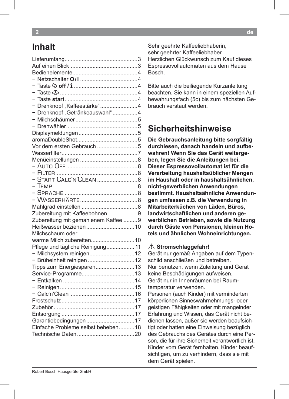 Sicherheitshinweise, Inhalt, Auto off | Filter, Start calc‘n‘clean, Temp, Sprache, Wasserhärte | Bosch TES50351DE VeroCafe Latte Kaffeevollautomat Silber Pure Silver User Manual | Page 6 / 88