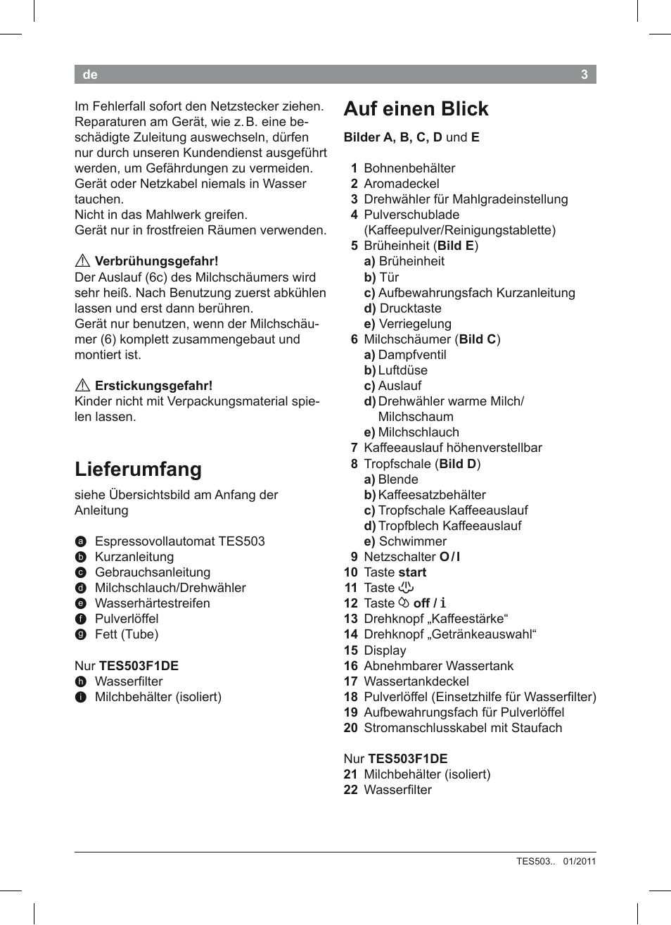 Auf einen blick, Lieferumfang | Bosch TES50351DE VeroCafe Latte Kaffeevollautomat Silber Pure Silver User Manual | Page 7 / 88