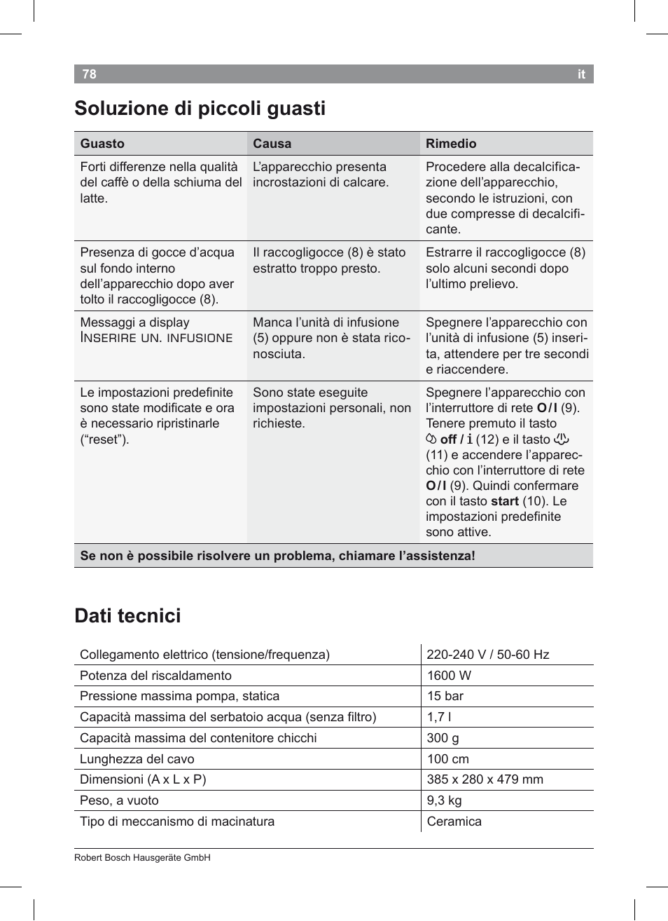 Soluzione di piccoli guasti dati tecnici, Inserire un. infusione | Bosch TES50351DE VeroCafe Latte Kaffeevollautomat Silber Pure Silver User Manual | Page 82 / 88