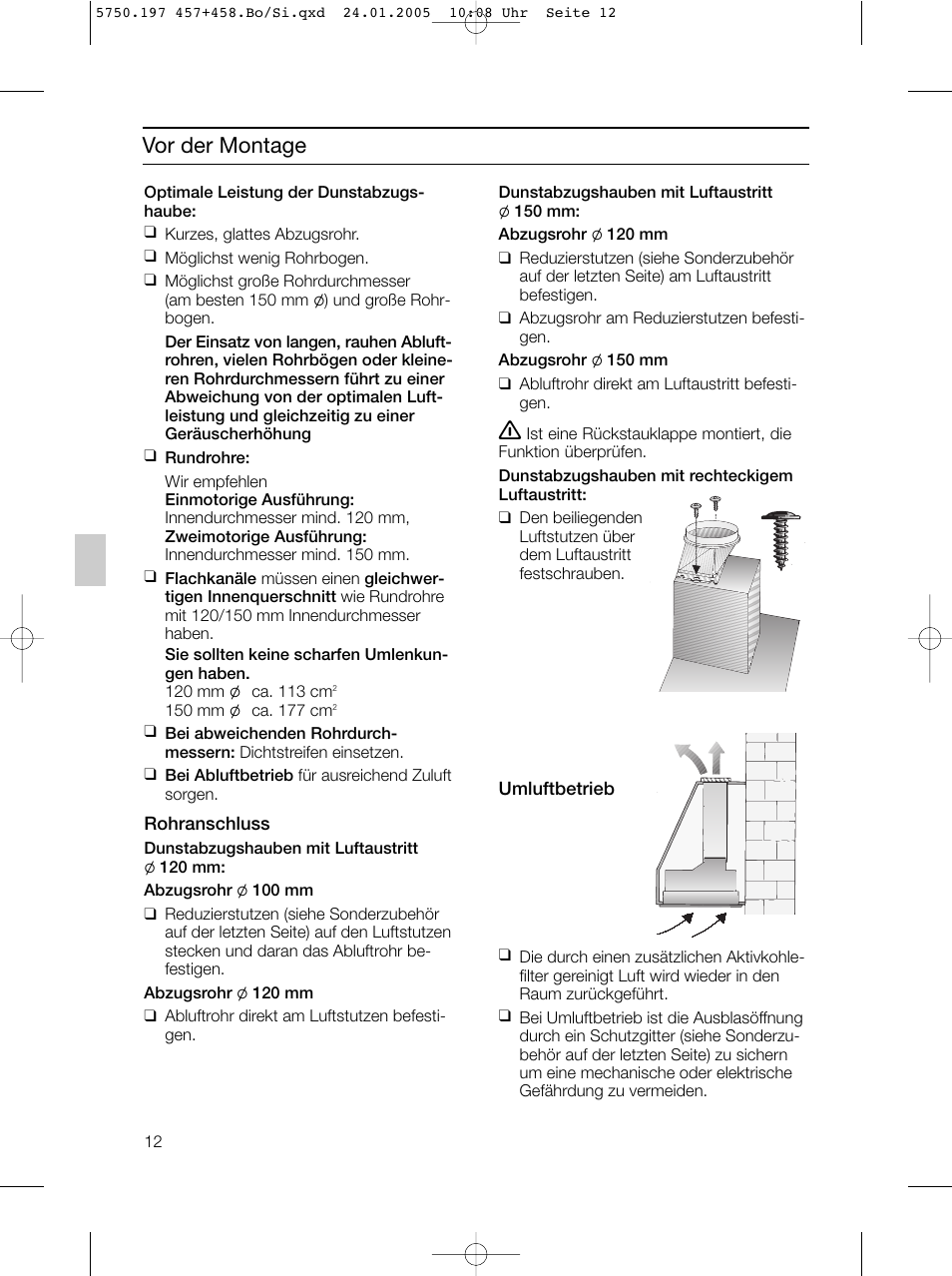 Vor der montage | Bosch DHL575B grau-metallic Lüfterbaustein 50 cm User Manual | Page 12 / 100