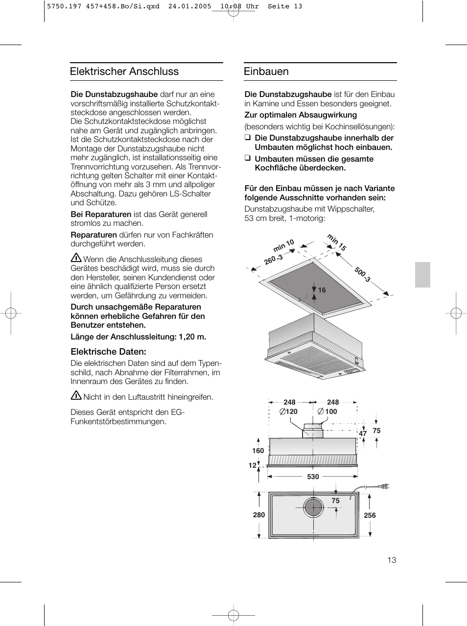 Elektrischer anschluss, Einbauen | Bosch DHL575B grau-metallic Lüfterbaustein 50 cm User Manual | Page 13 / 100