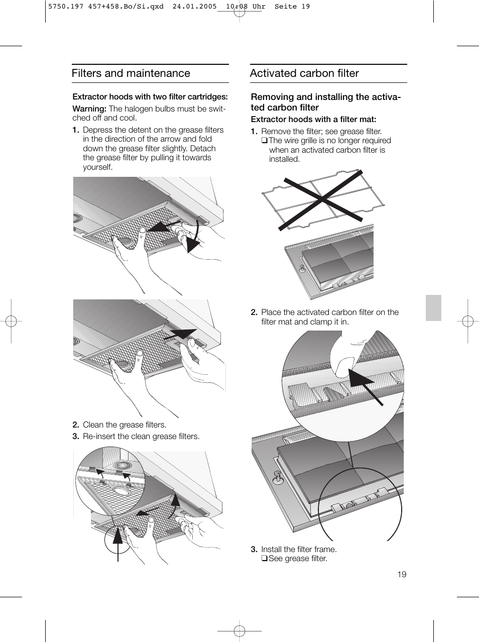 Filters and maintenance, Activated carbon filter | Bosch DHL575B grau-metallic Lüfterbaustein 50 cm User Manual | Page 19 / 100