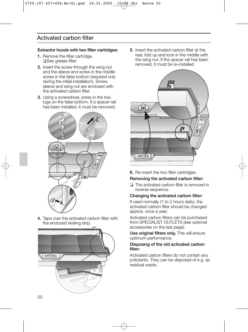 Activated carbon filter | Bosch DHL575B grau-metallic Lüfterbaustein 50 cm User Manual | Page 20 / 100