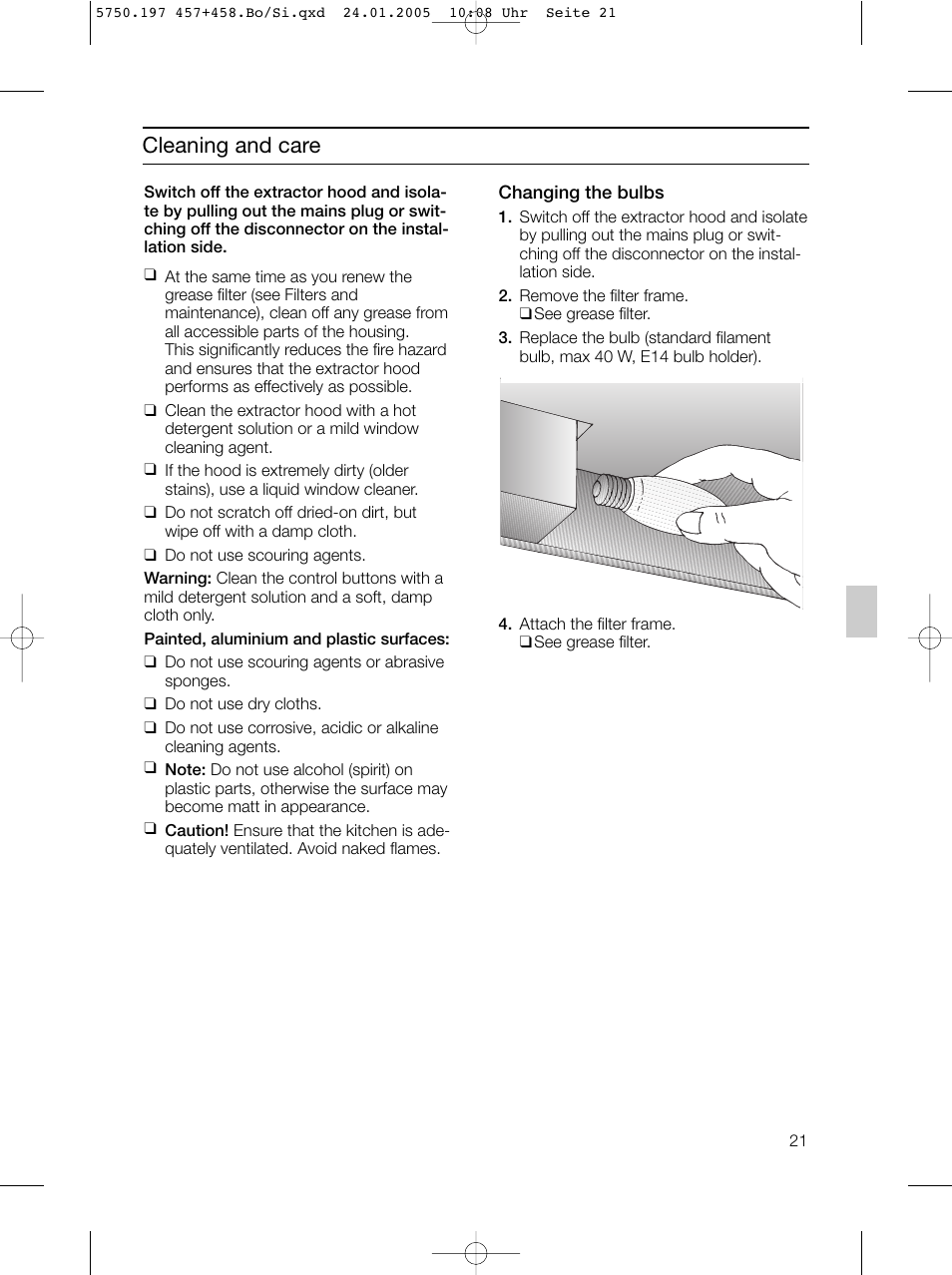 Cleaning and care | Bosch DHL575B grau-metallic Lüfterbaustein 50 cm User Manual | Page 21 / 100