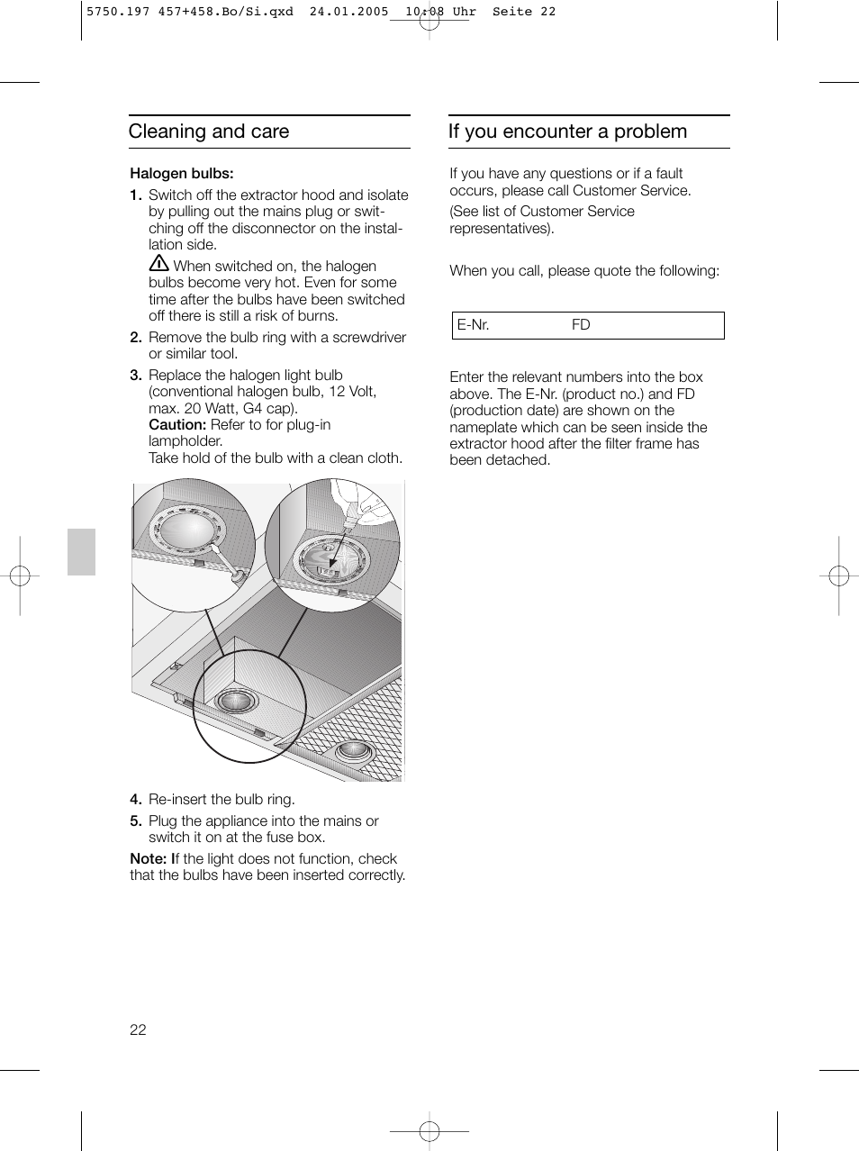 If you encounter a problem cleaning and care | Bosch DHL575B grau-metallic Lüfterbaustein 50 cm User Manual | Page 22 / 100