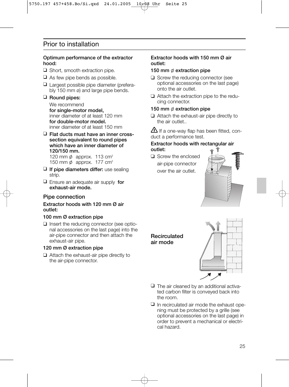 Prior to installation | Bosch DHL575B grau-metallic Lüfterbaustein 50 cm User Manual | Page 25 / 100