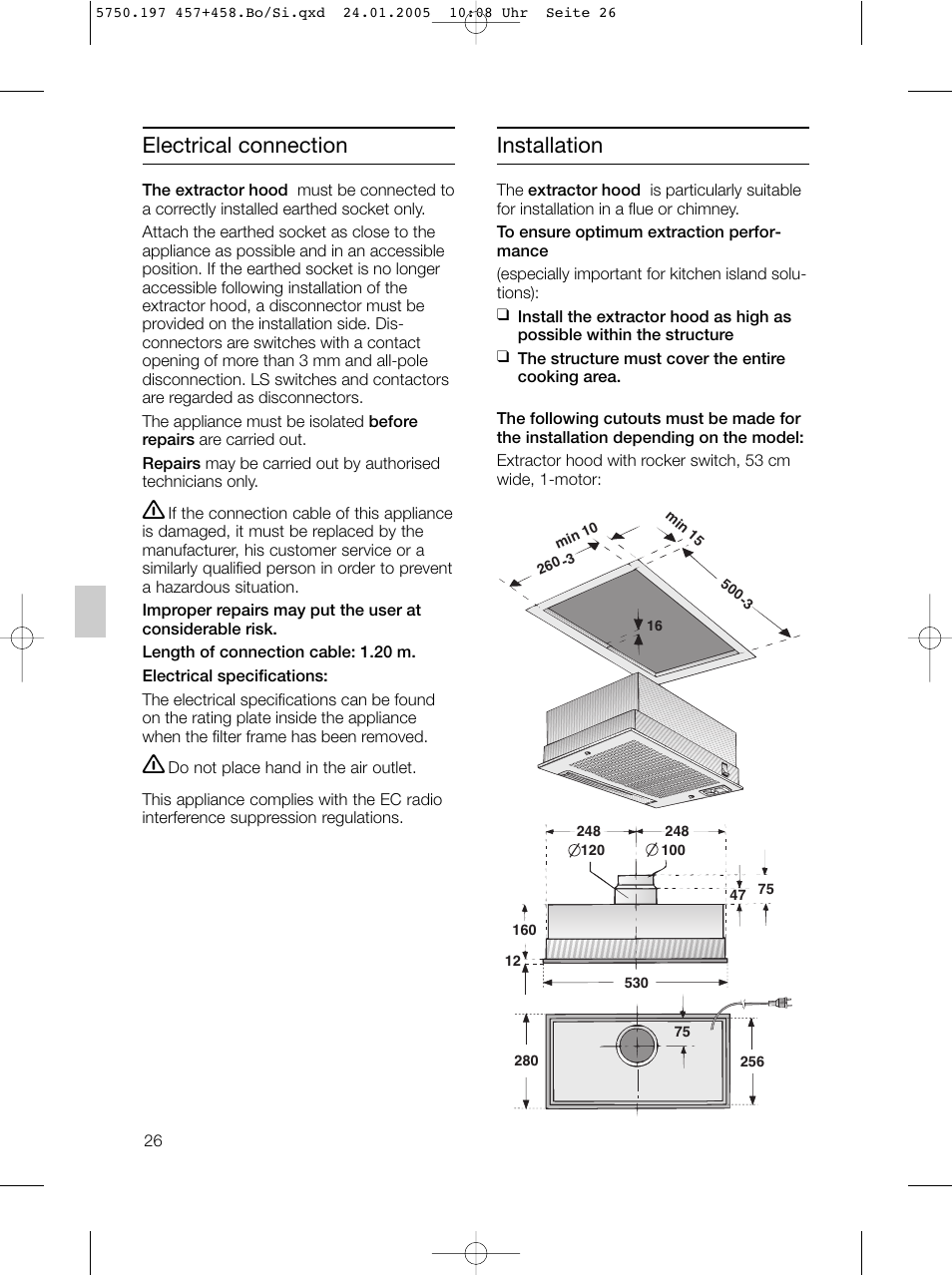 Electrical connection installation | Bosch DHL575B grau-metallic Lüfterbaustein 50 cm User Manual | Page 26 / 100