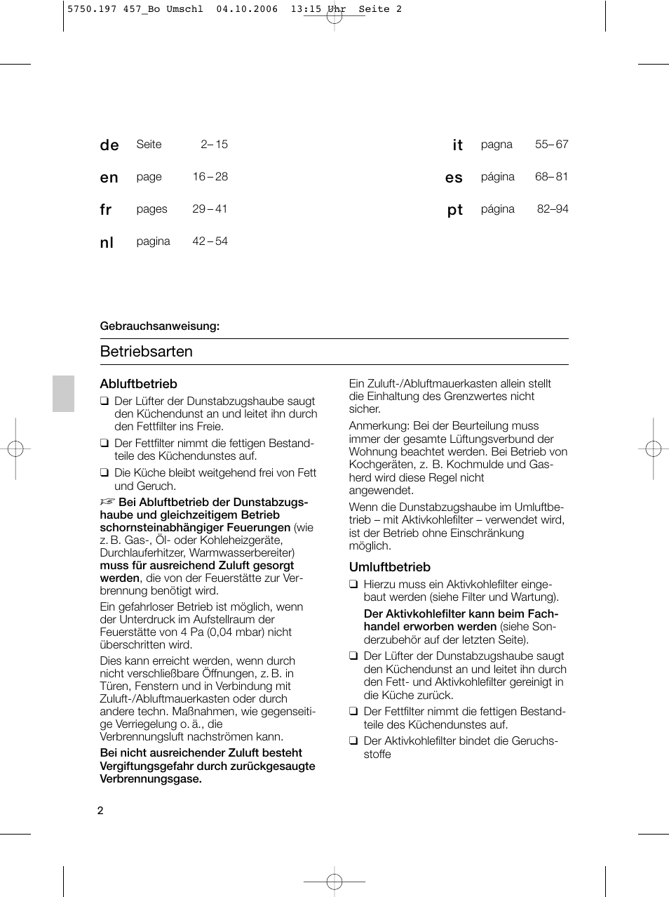 Betriebsarten | Bosch DHL575B grau-metallic Lüfterbaustein 50 cm User Manual | Page 3 / 100