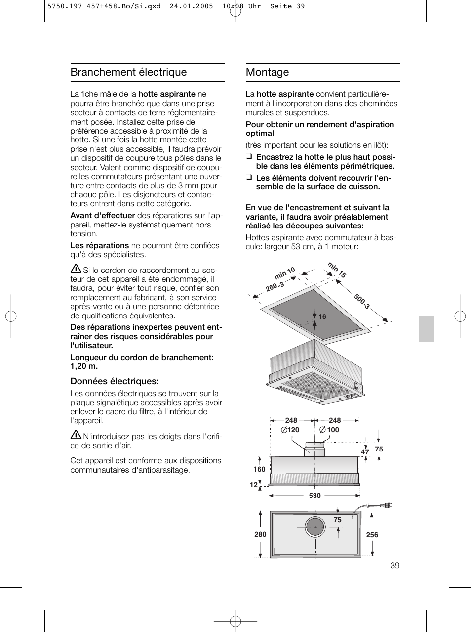 Branchement électrique montage | Bosch DHL575B grau-metallic Lüfterbaustein 50 cm User Manual | Page 39 / 100