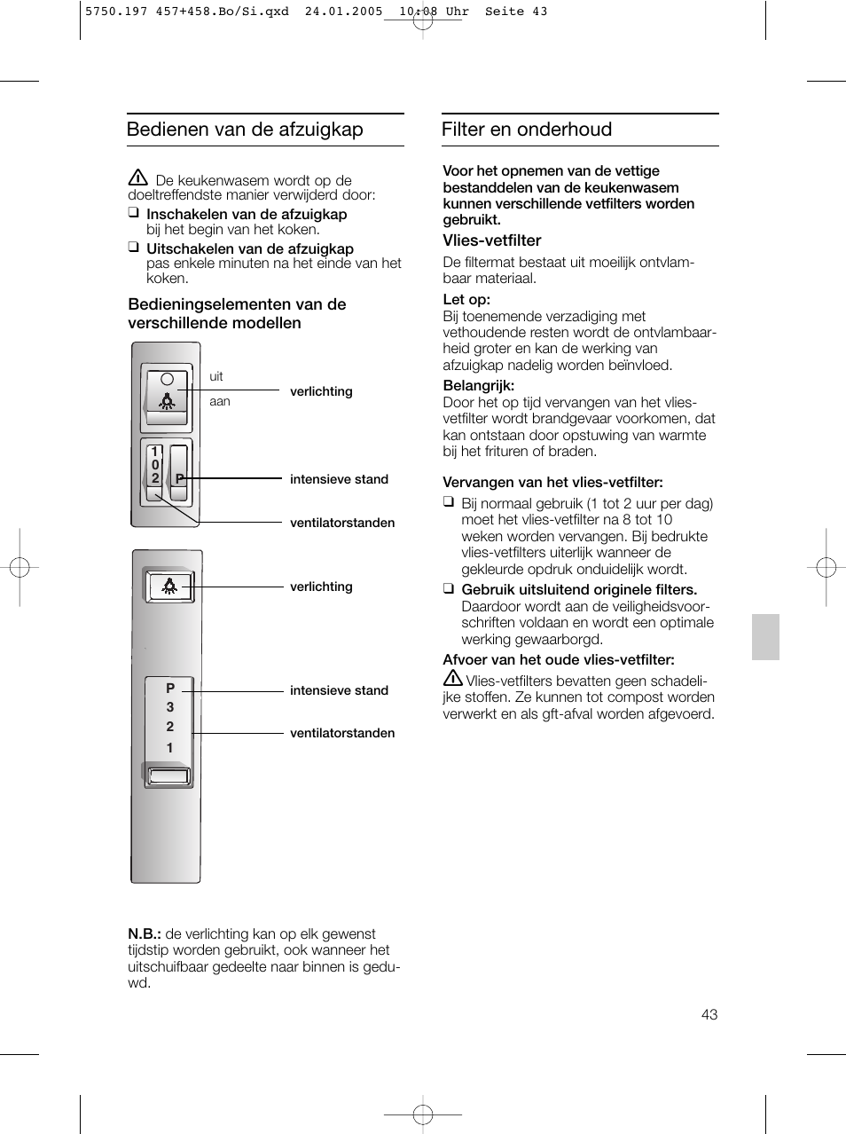 Bedienen van de afzuigkap filter en onderhoud | Bosch DHL575B grau-metallic Lüfterbaustein 50 cm User Manual | Page 43 / 100