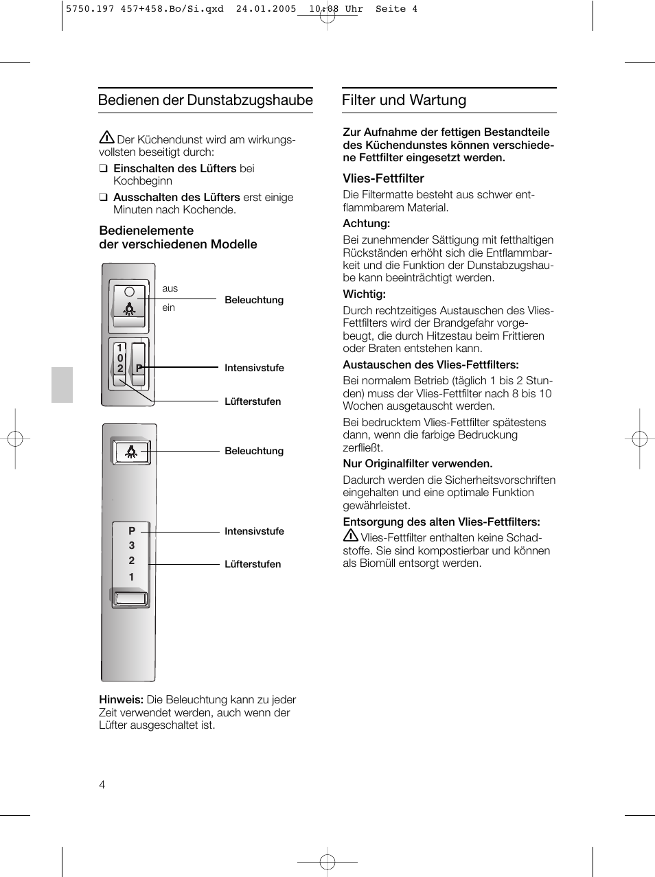 Bedienen der dunstabzugshaube, Filter und wartung | Bosch DHL575B grau-metallic Lüfterbaustein 50 cm User Manual | Page 5 / 100