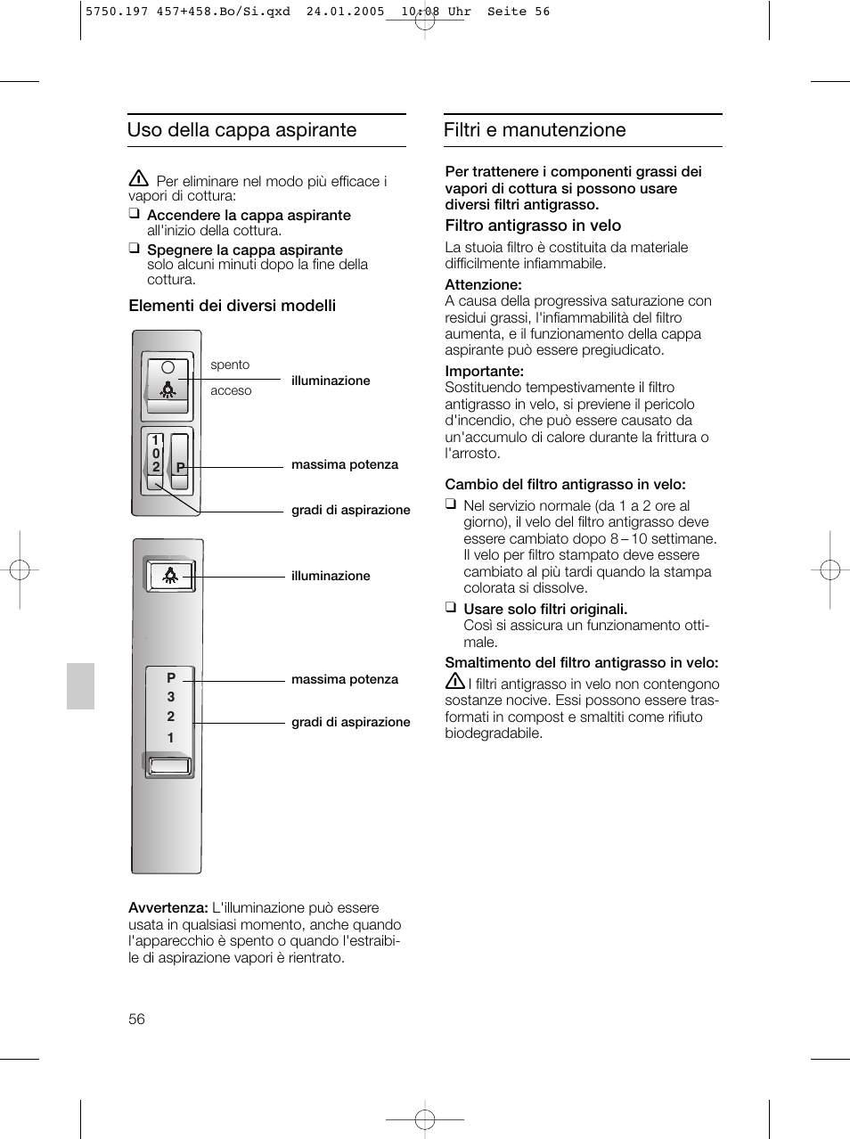 Uso della cappa aspirante filtri e manutenzione | Bosch DHL575B grau-metallic Lüfterbaustein 50 cm User Manual | Page 56 / 100