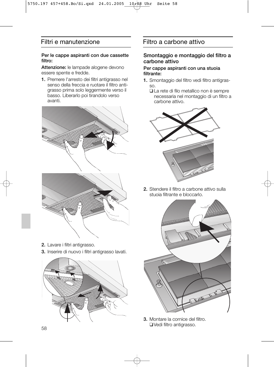 Filtri e manutenzione, Filtro a carbone attivo | Bosch DHL575B grau-metallic Lüfterbaustein 50 cm User Manual | Page 58 / 100