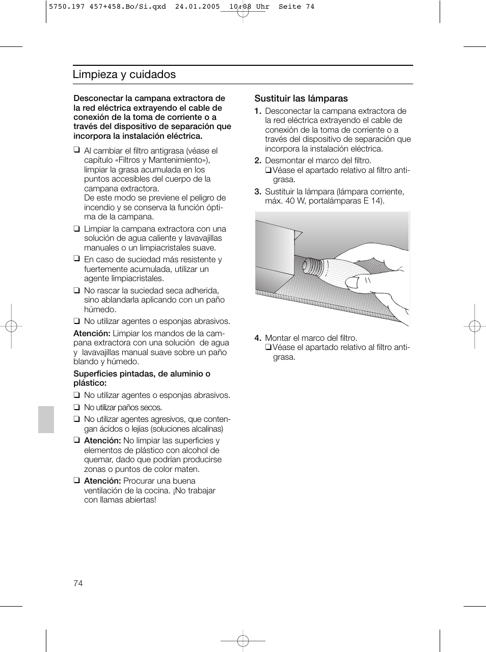 Limpieza y cuidados | Bosch DHL575B grau-metallic Lüfterbaustein 50 cm User Manual | Page 74 / 100