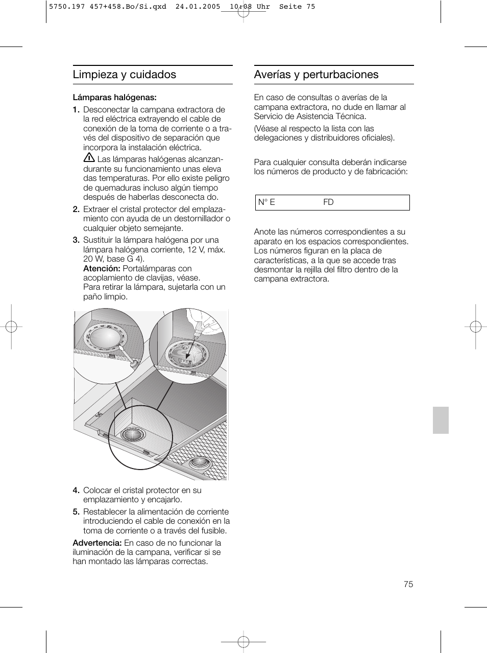 Averías y perturbaciones, Limpieza y cuidados | Bosch DHL575B grau-metallic Lüfterbaustein 50 cm User Manual | Page 75 / 100