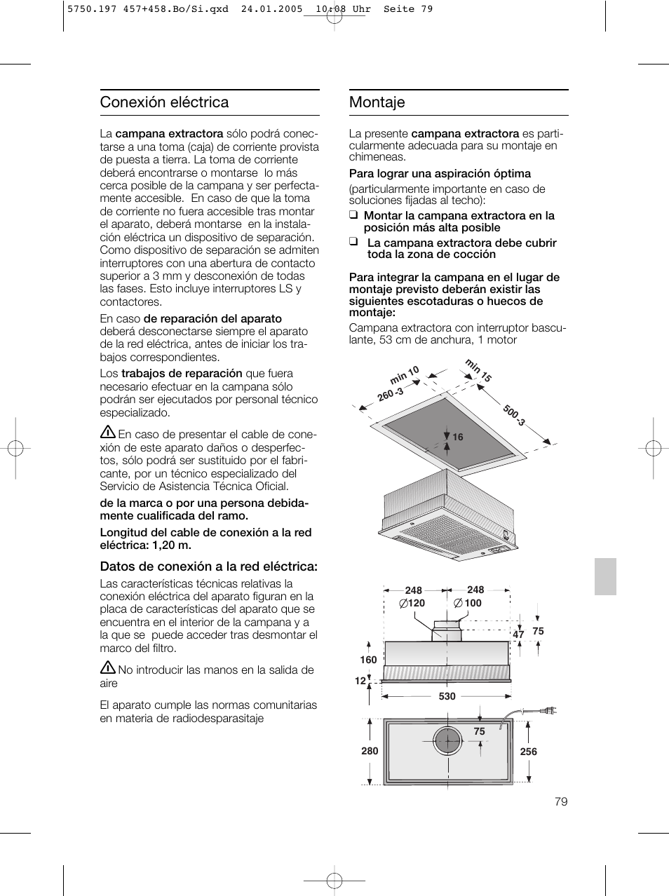 Conexión eléctrica, Montaje | Bosch DHL575B grau-metallic Lüfterbaustein 50 cm User Manual | Page 79 / 100